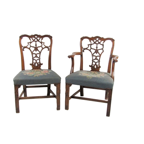 1176 - A set of 6 (4 + 2) mahogany Dining Chairs, decorated in the Chippendale style, with ornate carved an... 