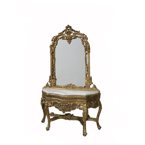 557 - An attractive Louis XVI style giltwood Console Table and Mirror, the compartmental mirror embellishe... 