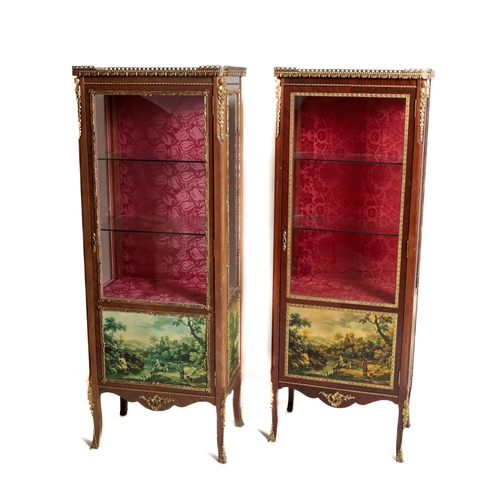 617 - A pair of Louis XVI style Vitrines, the top with half pierced gallery over glazed panel door and sid... 