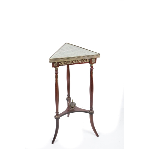 619 - A French style triangular top marble inset and ormolu mounted Stand, on three reeded splayed legs, u... 