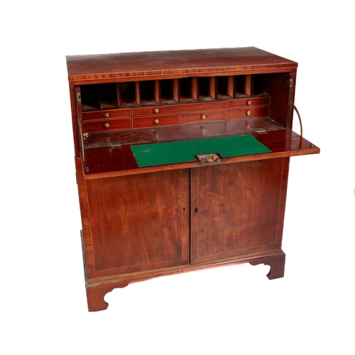 632 - A Georgian mahogany pull-out Bureau, the plain top over first drawer opening to reveal fitted interi... 