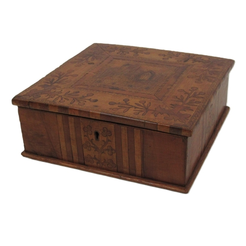 647 - An attractive 19th Century Irish 'Killarney Wood' square marquetry Box, with hinged lid the top deco... 