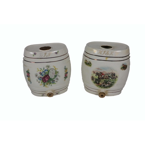 661 - Two ironstone porcelain barrel shaped Spirit Containers, for whisky, gin, with floral and equestrian... 