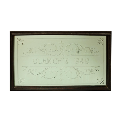 693 - A custom made etched glass Pub Mirror, for Clancy's Bar Cork City, 81cms x 120cms (32