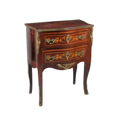 730 - A French Louis XVI style bombe shaped Commode, of small proportions with floral marquetry top brass ... 