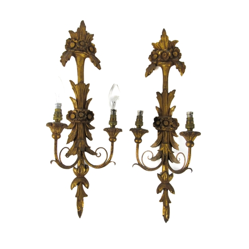 737 - A pair of French style giltwood two branch Wall Sconce Lights, with shades and floral motif. (2)Prov... 