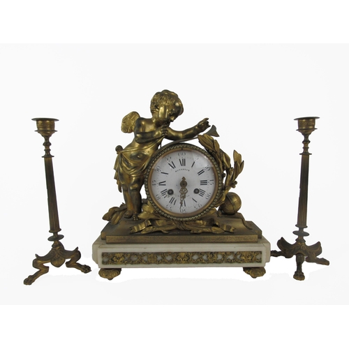 776 - A 19th Century ormolu French Mantle Clock, by Mannheim, Paris, the circular dial with Roman and Arab... 