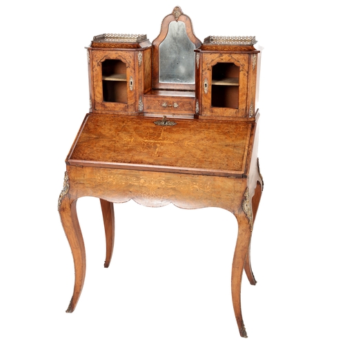 791 - A fine quality Victorian Ladies walnut Bureau du Dame, the top with central shaped mirror, flanked t... 