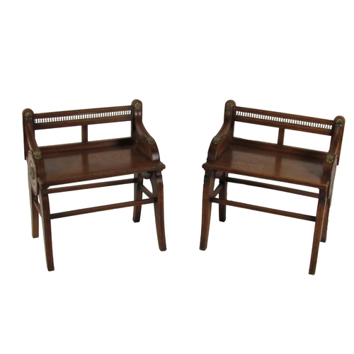 829 - A pair of Victorian oak Hall Seats, attributed to Joe Shoolbred & Co., each back with two open p... 