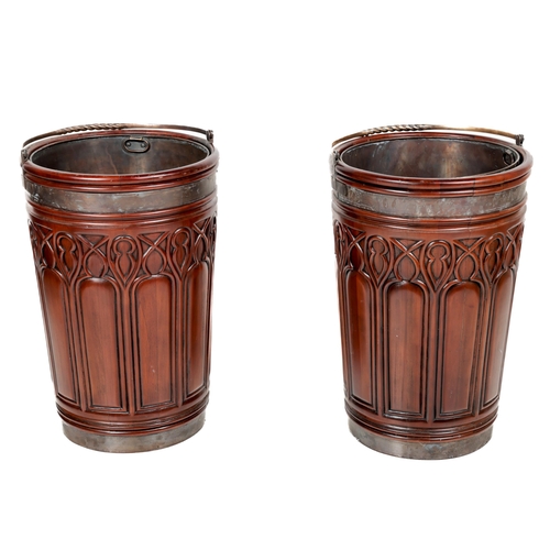 846 - A pair of Georgian Gothic style mahogany oversized Peat Buckets, with twisted and hinged handles, re... 