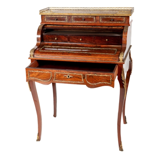 858 - A fine quality Ladies rosewood Bureau, the plain top with pierced brass gallery over three frieze dr... 