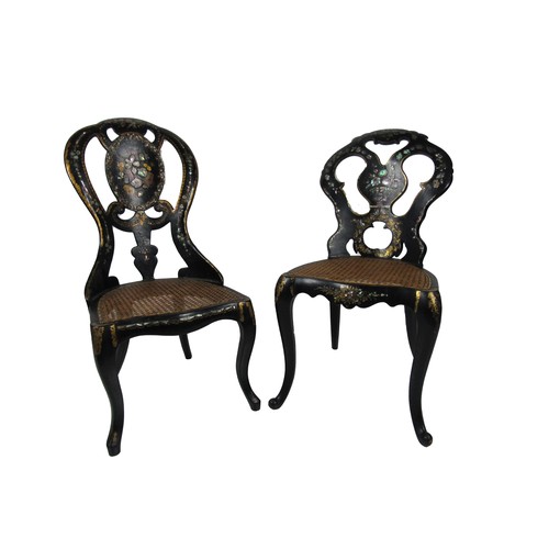 1083 - An attractive pair of Victorian ebonised Side Chairs, each shaped back with painted and mother-o-pea... 