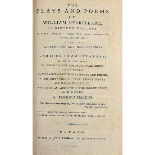 146 - Dublin Printing: Malone (Ed.) The Plays and Poems of William Shakespeare, 16 vols. sm. 8vo Dublin (J... 