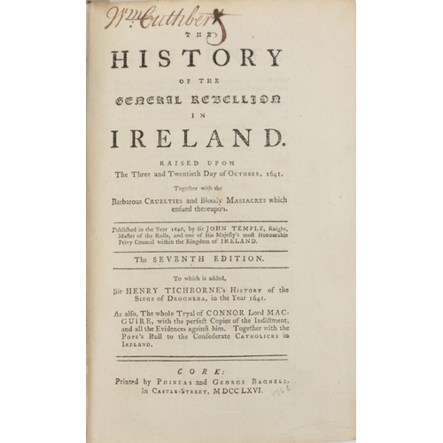 45 - Rare Cork PrintingTemple (Sir J.) The History of the General Rebellion in Ireland, 8vo Cor... 