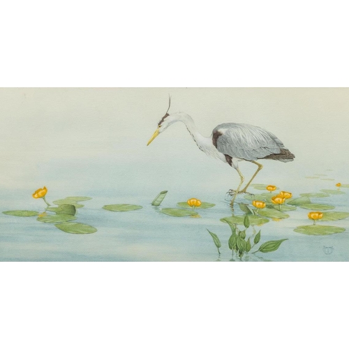 69 - Terence O’Connell, Irish, b.1948“Crane at Water’s Edge”,watercolour, approx. 36 x 71cms (14” x 28”),... 
