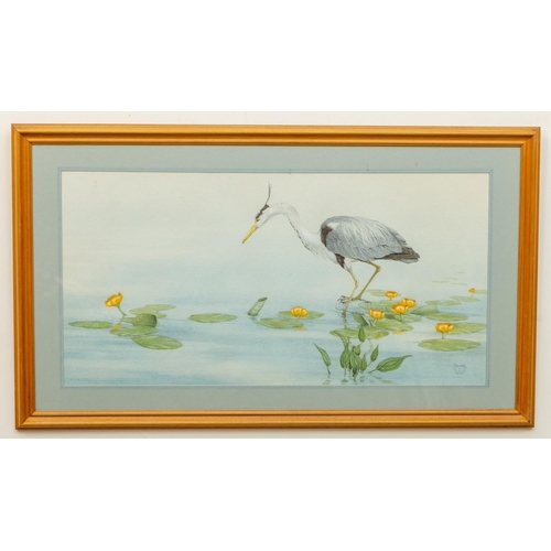 69 - Terence O’Connell, Irish, b.1948“Crane at Water’s Edge”,watercolour, approx. 36 x 71cms (14” x 28”),... 