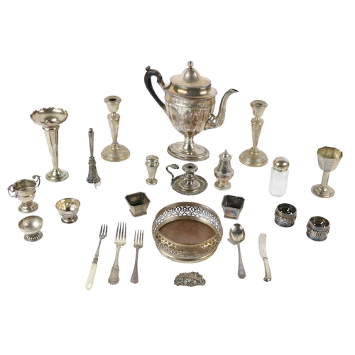 13 - Silver and Silverware: A varied collection, comprising candlesticks, teapots, flower vase, coaster a... 