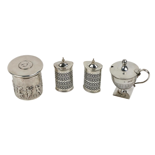 17 - An English silver urn shaped Mustard, with hinged lid, hallmarked, a pair of attractive Georgian sty... 