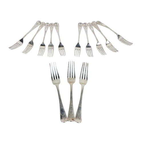 25 - A set of 10 English silver bright cut Tea Forks, by John Round & Son (London) & others, toge... 