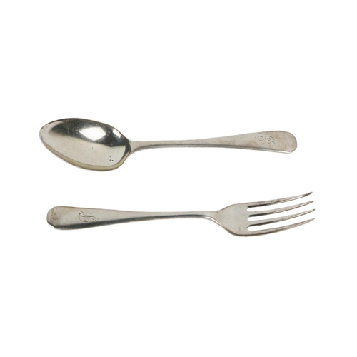 48 - A silver Christening Set, consisting of a teaspoon and fork of small size, Sheffield, c. 1938, ... 