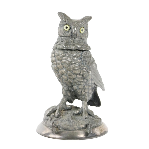 86 - A cast silver plated Inkwell, modelled as an owl with hinge lid and bead eyes. (1)