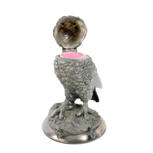 86 - A cast silver plated Inkwell, modelled as an owl with hinge lid and bead eyes. (1)