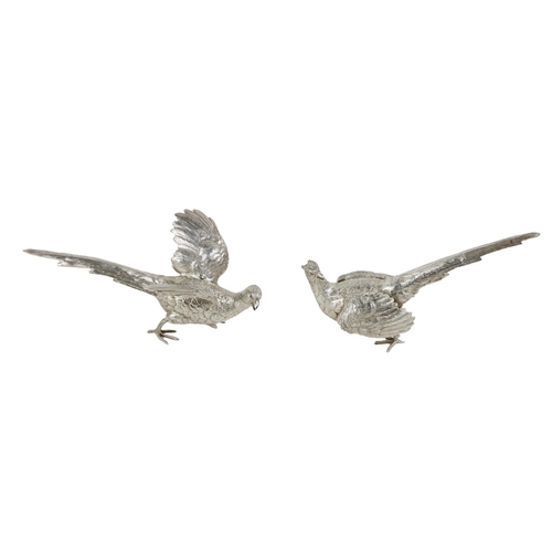 88 - An attractive pair of Edwardian English silver models of Pheasants, by Edward Barnard & Sons, on... 