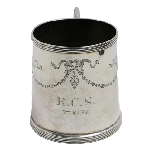 97 - A silver Christening Cup, Birmingham c. 1913, by CS/FS, of cylindrical shape with applied thread bor... 