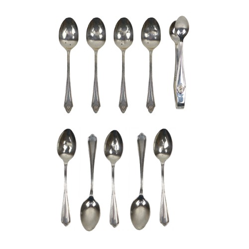 65 - Three Teaspoons, c. 1935/1937, with matching Sugar Tongs with a patrae motif at end of handle, maker... 