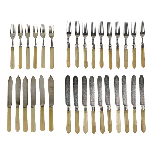 23 - A set of 6 Victorian Fish Forks & Knives, with silver tops, hallmarked Atkin Bros., London with ... 