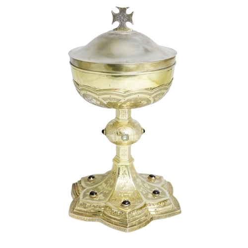 105 - A 19th Century Irish silver gilt Ciborium, the removable bowl with cover and cruciform handle over a... 