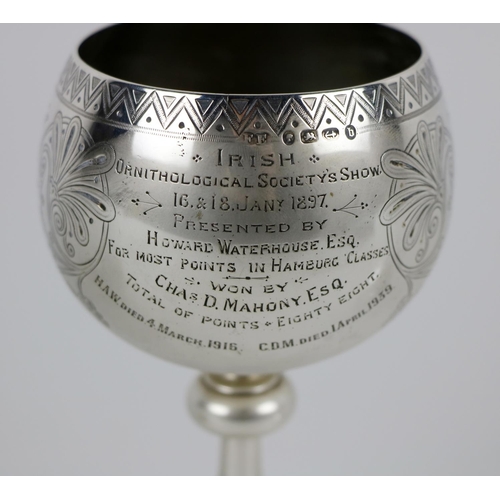 116 - A silver Chalice style Cup, of etched design and inscribed 'Irish Ornithological Society's Show,' 16... 