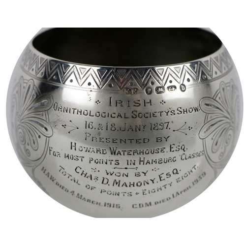 116 - A silver Chalice style Cup, of etched design and inscribed 'Irish Ornithological Society's Show,' 16... 