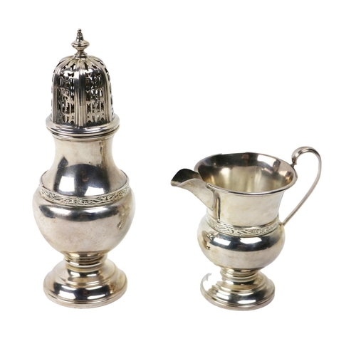 117 - A cased silver Celtic design bulbous shaped Sugar Castor,  and Cream Jug by S. Blanckensee &... 