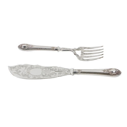 120 - A cased set Victorian plated Fish Servers, c. 1880, in the providence pattern with die stamped scrol... 