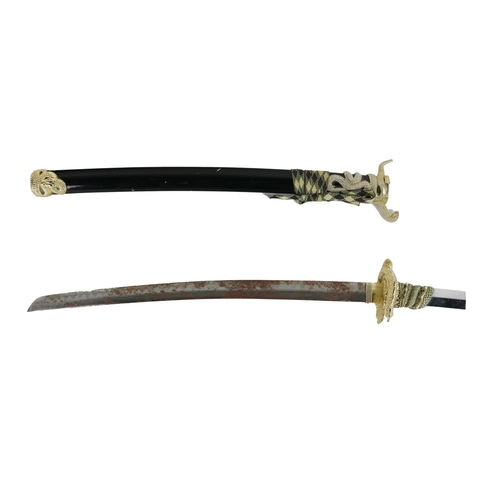 155 - A 20th Century Presentation Japanese Short Sword, the handle (damaged) with ornate gilt brass snake ... 