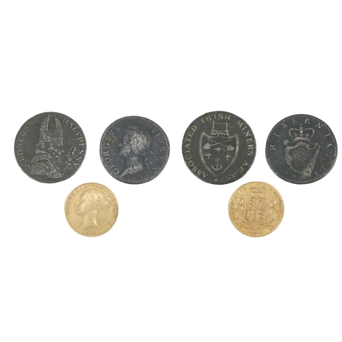 168 - Coins: A 1872 shield back gold Young Queen Victoria full Sovereign, together with a King George II H... 