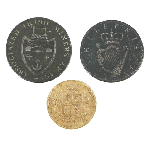 168 - Coins: A 1872 shield back gold Young Queen Victoria full Sovereign, together with a King George II H... 