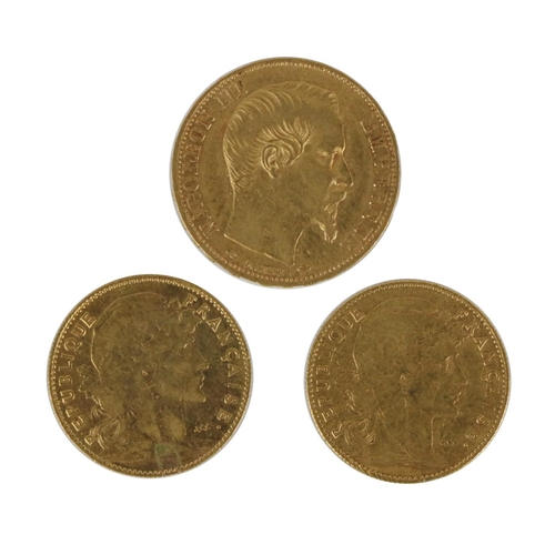 175 - Gold Coins: A Napoleon III Emperor gold Coin, 20 Francs 1858; together with two Republique Fran... 