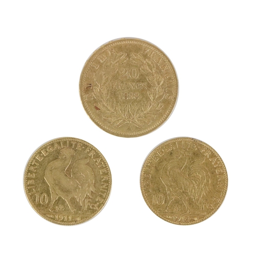 175 - Gold Coins: A Napoleon III Emperor gold Coin, 20 Francs 1858; together with two Republique Fran... 