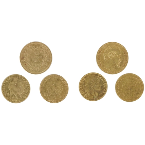 175 - Gold Coins: A Napoleon III Emperor gold Coin, 20 Francs 1858; together with two Republique Fran... 