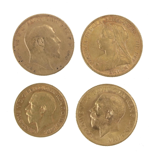 176 - Gold Coins: a Group including three full English Sovereigns and one half Sovereign:* Queen Victoria ... 