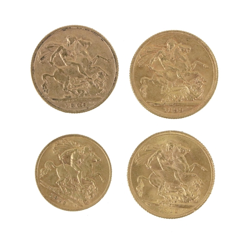 176 - Gold Coins: a Group including three full English Sovereigns and one half Sovereign:* Queen Victoria ... 