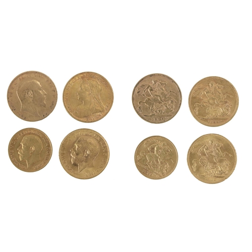 176 - Gold Coins: a Group including three full English Sovereigns and one half Sovereign:* Queen Victoria ... 