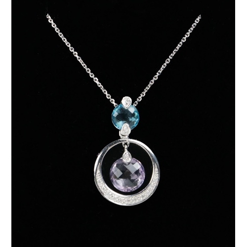 190 - An attractive Ladies white gold Chain, with white gold pendant set with French cut amethyst and blue... 