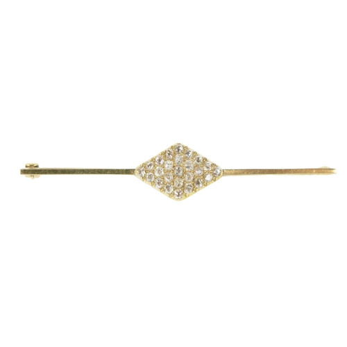 194 - A Ladies 18ct gold Pin Brooch Set, with central design pattern of 25 old cut diamonds (approx. .5ct)... 