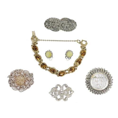 199 - Costume Jewellery:  A Bracelet set with 'Tigers' eye pebbles, a white metal Brooch with pa... 