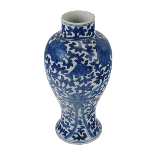 222 - A tall bulbous Chinese blue and white porcelain Vase, decorated with fish, some flower heads etc., g... 