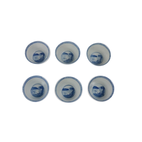 225 - A set of 6 Chinese blue and white Tea Cups, each with landscape medallion interior, the exterior des... 