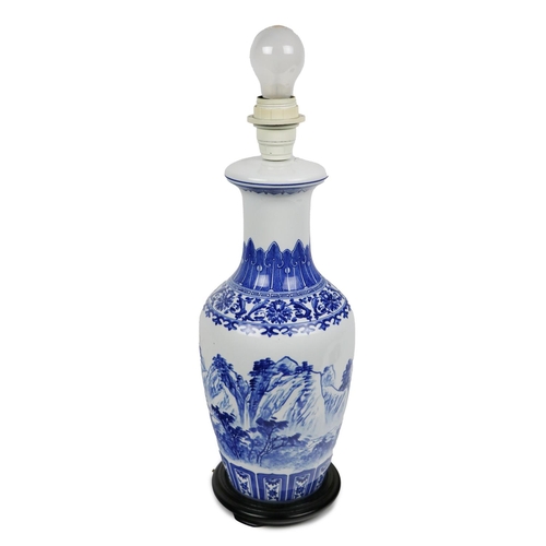 230 - A 20th Century Chinese blue and white vase Lamp, decorated with mountainous landscape with script on... 